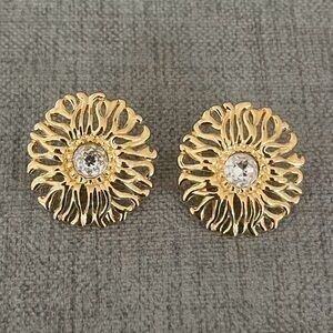 Vintage Christian Dior Sunflower Anemone Flower Rhinestone 14k Gold Post Earring
